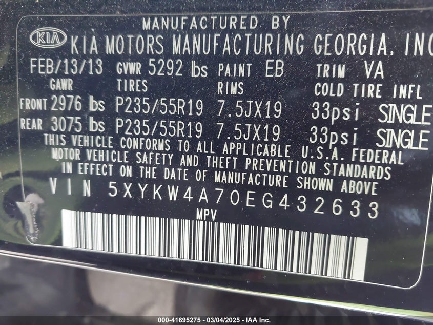 2014 KIA SORENTO VIN: 5XYKW4A70EG432633