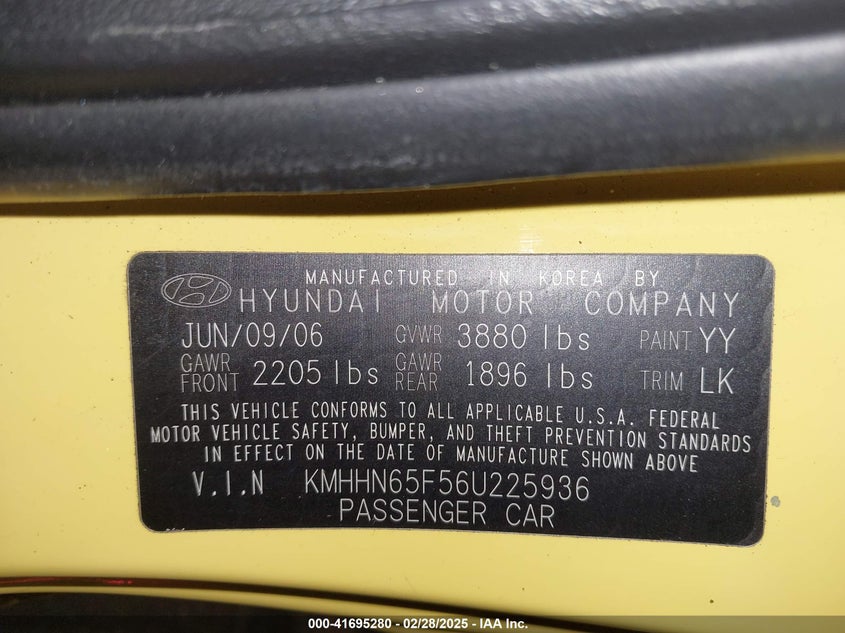 2006 Hyundai Tiburon Gt/Gt Limited/Se VIN: KMHHN65F56U225936 Lot: 41695280