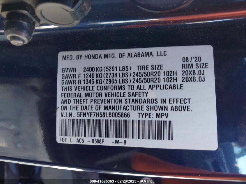 2020 Honda Passport 2Wd Ex-L VIN: 5FNYF7H58LB005866 Lot: 41695363