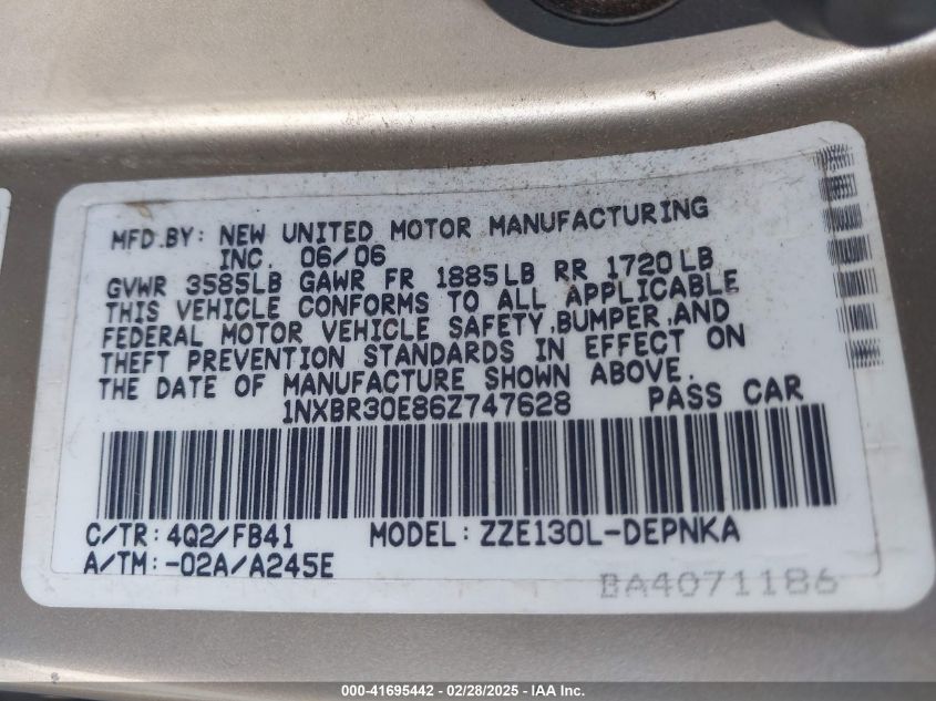 2006 Toyota Corolla Le VIN: 1NXBR30E86Z747628 Lot: 41695442