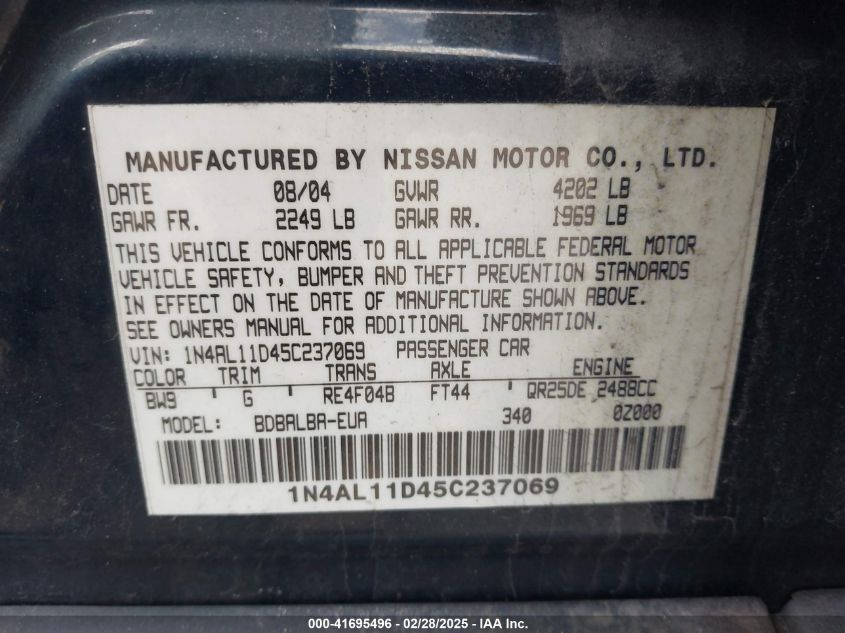 2005 Nissan Altima 2.5 S VIN: 1N4AL11D45C237069 Lot: 41695496