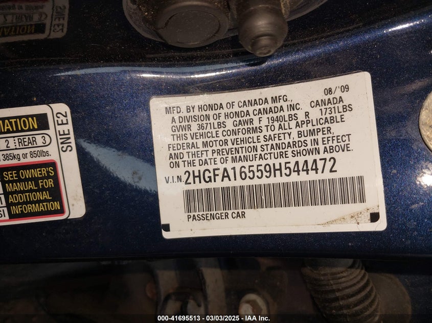 2009 HONDA CIVIC VIN: 2HGFA16559H544472