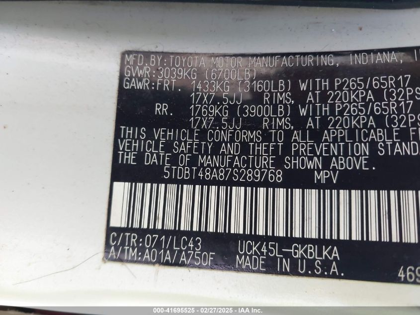 2007 Toyota Sequoia Limited V8 VIN: 5TDBT48A87S289768 Lot: 41695525