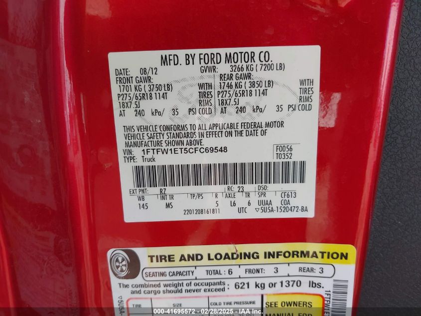 2012 Ford F-150 Xlt VIN: 1FTFW1ET5CFC69548 Lot: 41695572