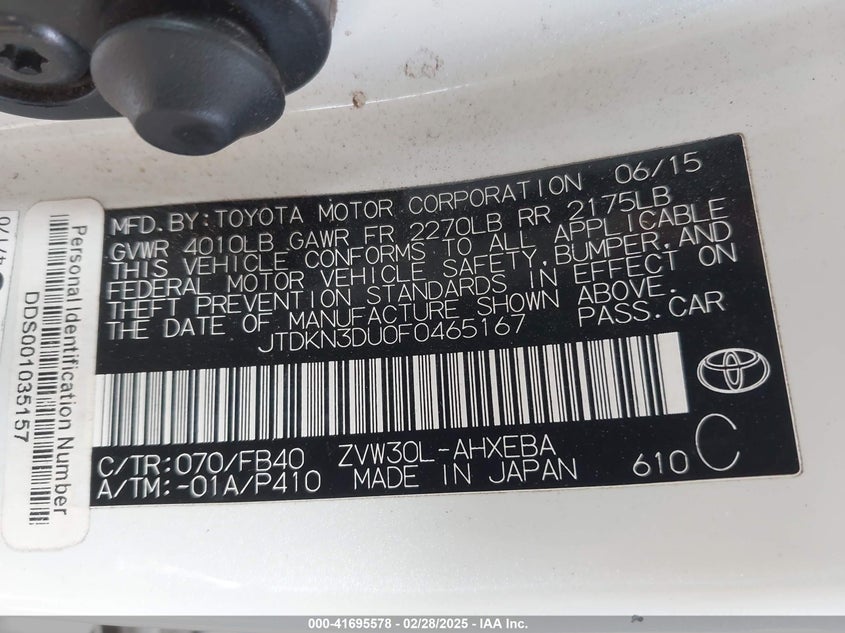 2015 TOYOTA PRIUS VIN: JTDKN3DU0F0465167