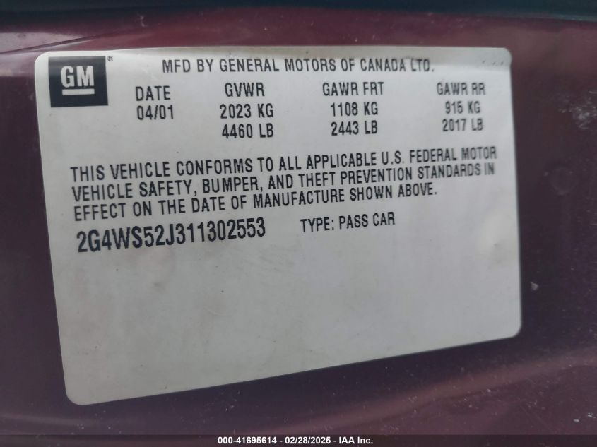 2001 Buick Century Custom VIN: 2G4WS52J311302553 Lot: 41695614