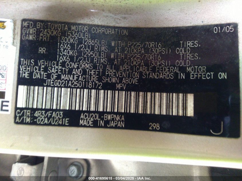 2005 Toyota Highlander VIN: JTEGD21A250118172 Lot: 41695615