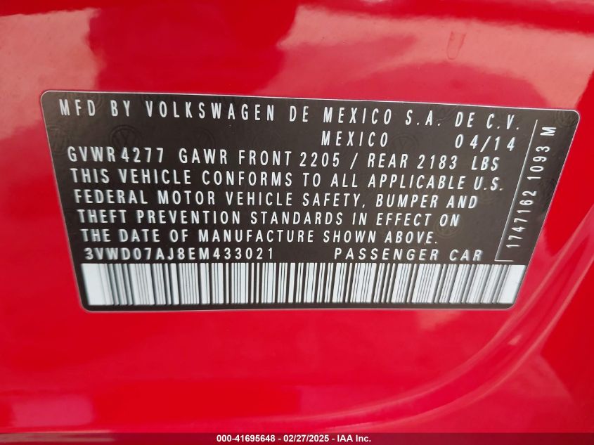 2014 Volkswagen Jetta 1.8T Se VIN: 3VWD07AJ8EM433021 Lot: 41695648