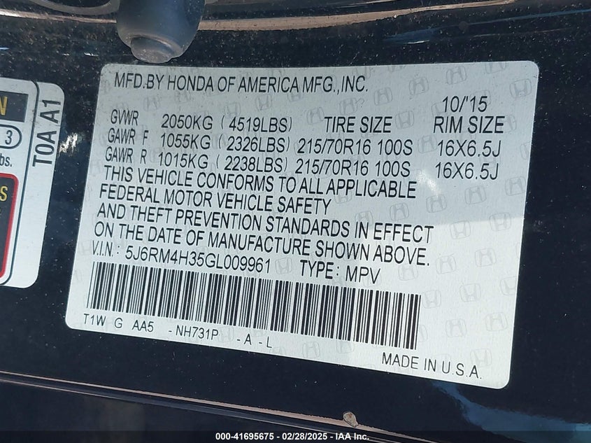 2016 HONDA CR-V LX - 5J6RM4H35GL009961