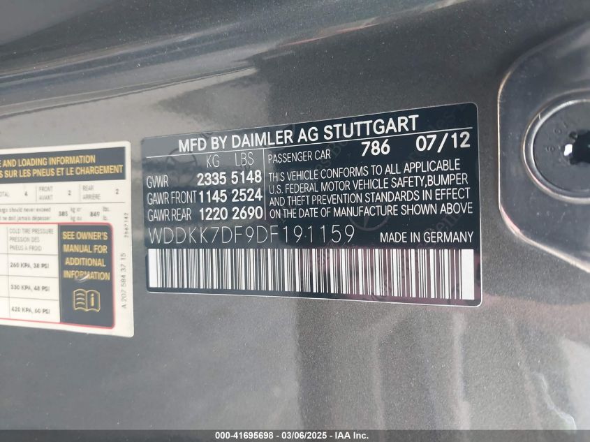 2013 Mercedes-Benz E 550 VIN: WDDKK7DF9DF191159 Lot: 41695698