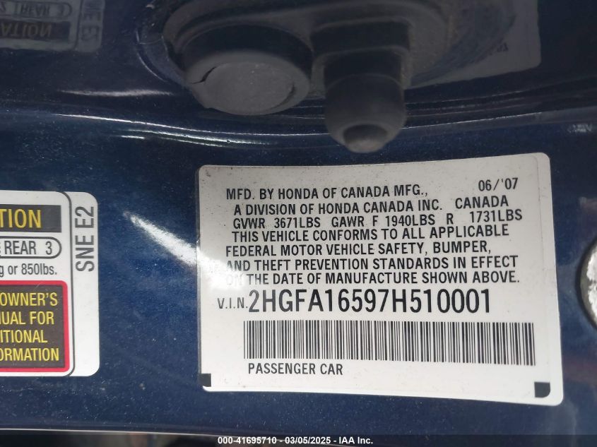 2007 Honda Civic Lx VIN: 2HGFA16597H510001 Lot: 41695710