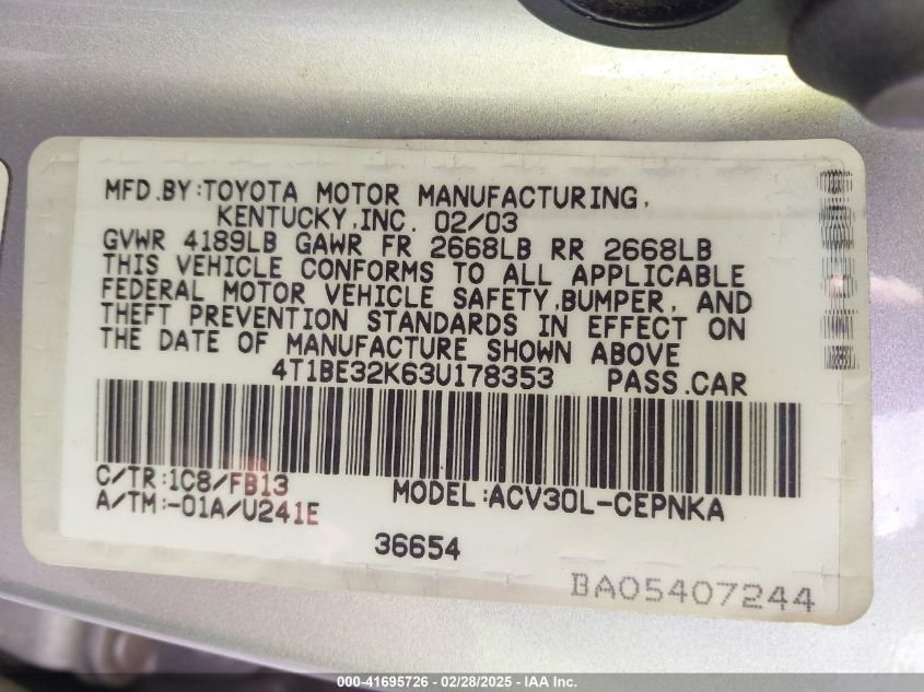 2003 Toyota Camry Le VIN: 4T1BE32K63U178353 Lot: 41695726