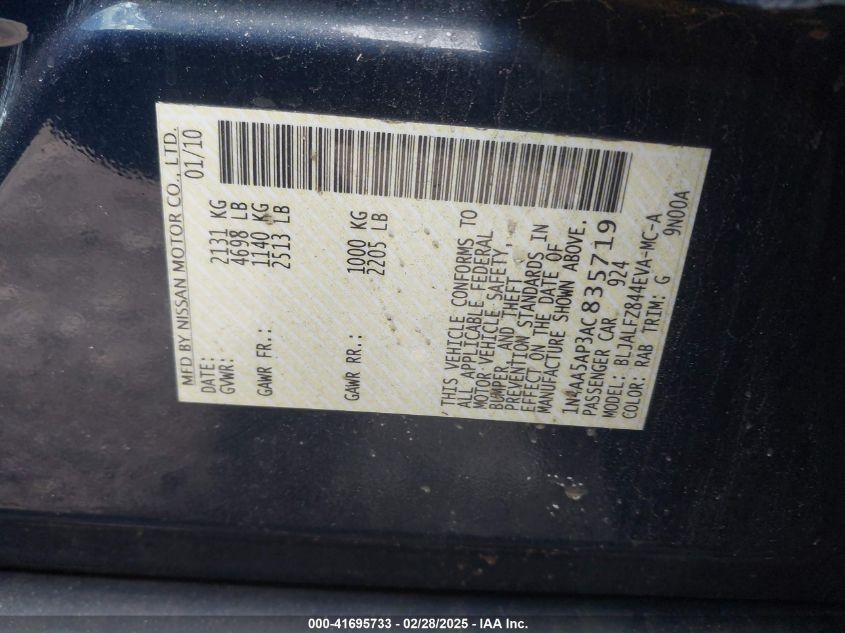 2010 Nissan Maxima 3.5 Sv VIN: 1N4AA5AP3AC835719 Lot: 41695733