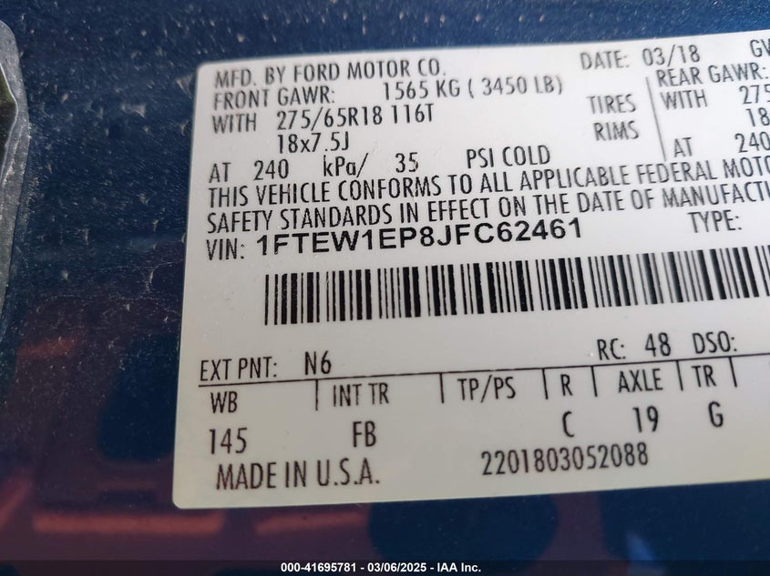 2018 FORD F-150 XLT SUPERCREW VIN: 1FTEW1EP8JFC62461