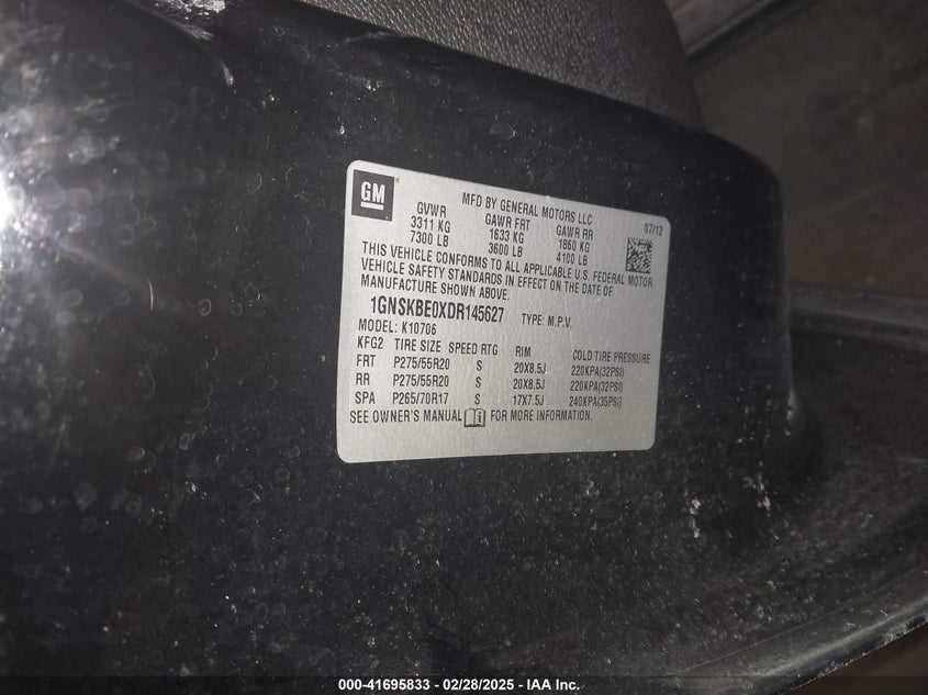 2013 CHEVROLET TAHOE VIN: 1GNSKBE0XDR145627