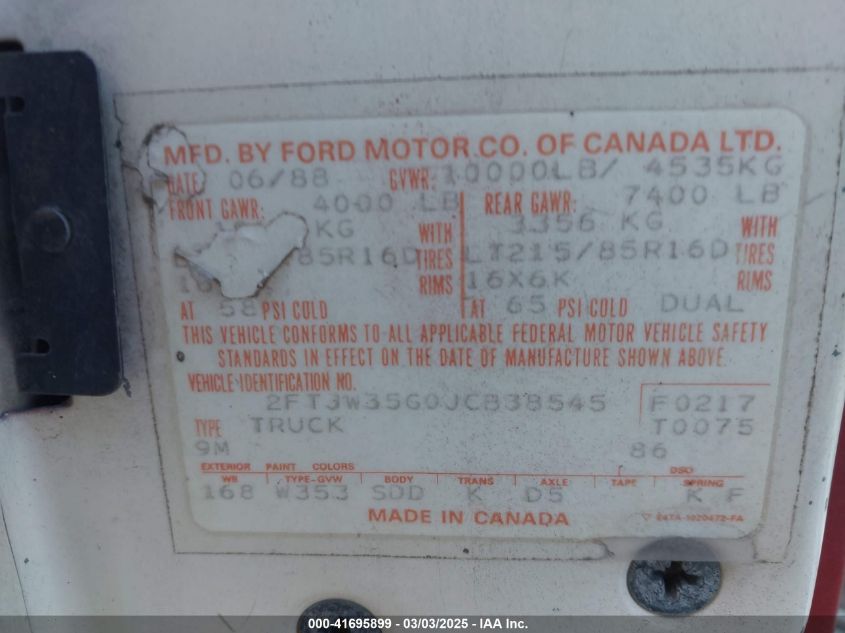 1988 Ford F350 VIN: 2FTJW35G0JCB38545 Lot: 41695899