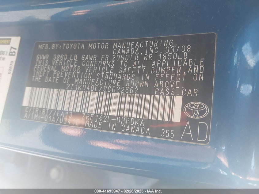 2009 Toyota Matrix VIN: 2T1KU40E79C022662 Lot: 41695947