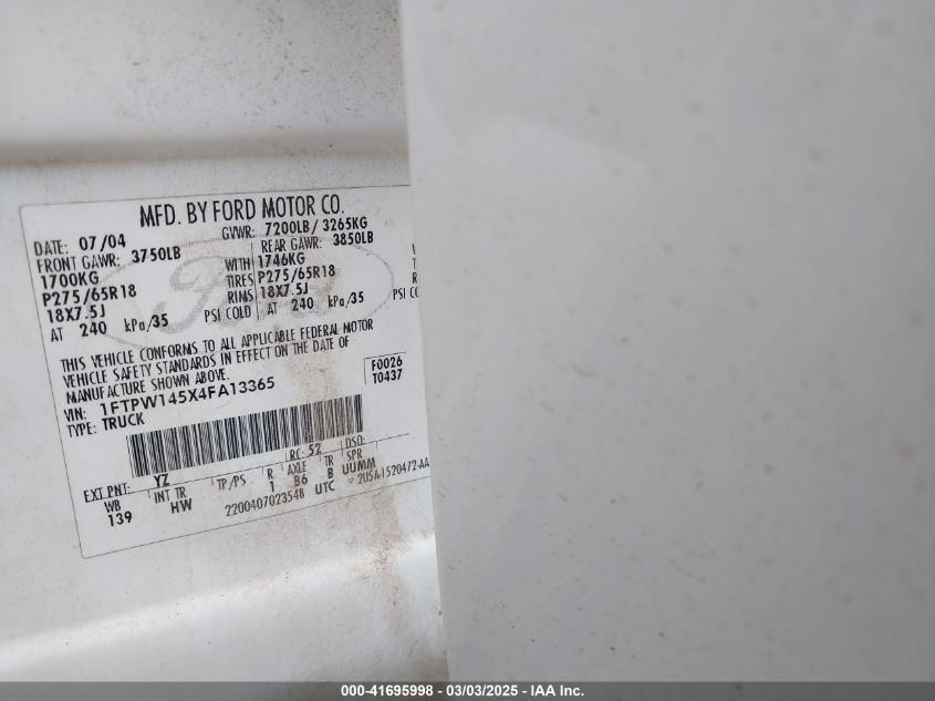 2004 Ford F-150 Fx4/Lariat/Xlt VIN: 1FTPW145X4FA13365 Lot: 41695998