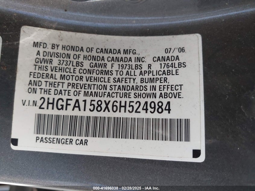 2006 HONDA CIVIC VIN: 2HGFA158X6H524984