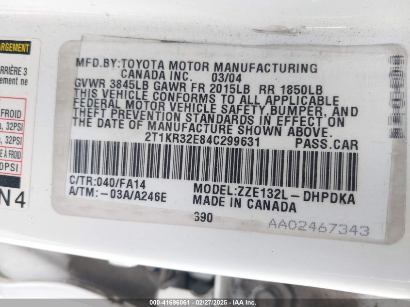 2004 Toyota Matrix Standard VIN: 2T1KR32E84C299631 Lot: 41696061