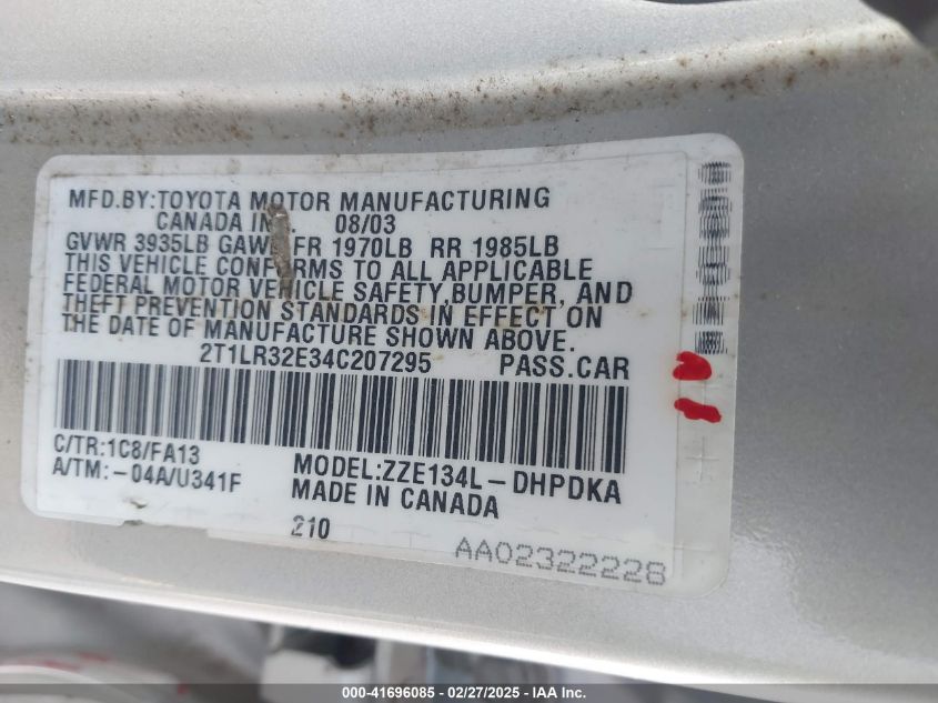 2004 Toyota Matrix Standard VIN: 2T1LR32E34C207295 Lot: 41696085