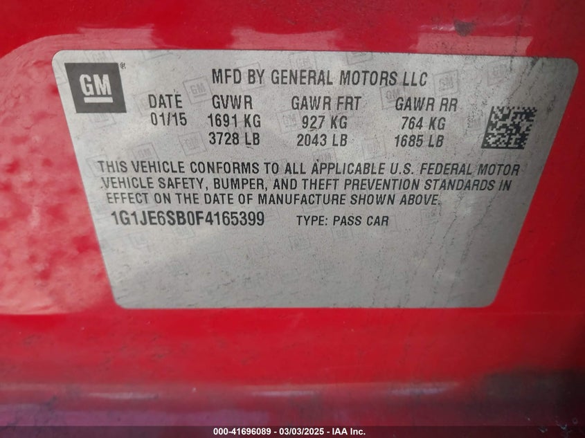 2015 CHEVROLET SONIC VIN: 1G1JE6SB0F4165399