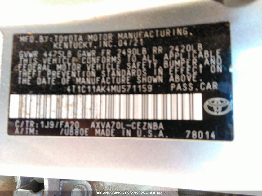 2021 TOYOTA CAMRY VIN: 4T1C11AK4MU571159