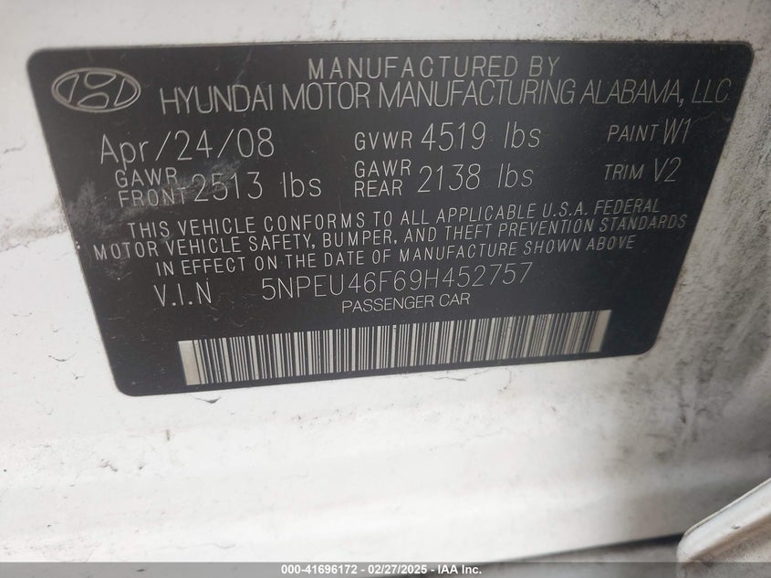 2009 HYUNDAI SONATA VIN: 5NPEU46F69H452757
