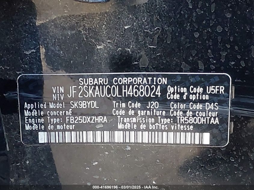 2020 Subaru Forester Limited VIN: JF2SKAUC0LH468024 Lot: 41696196