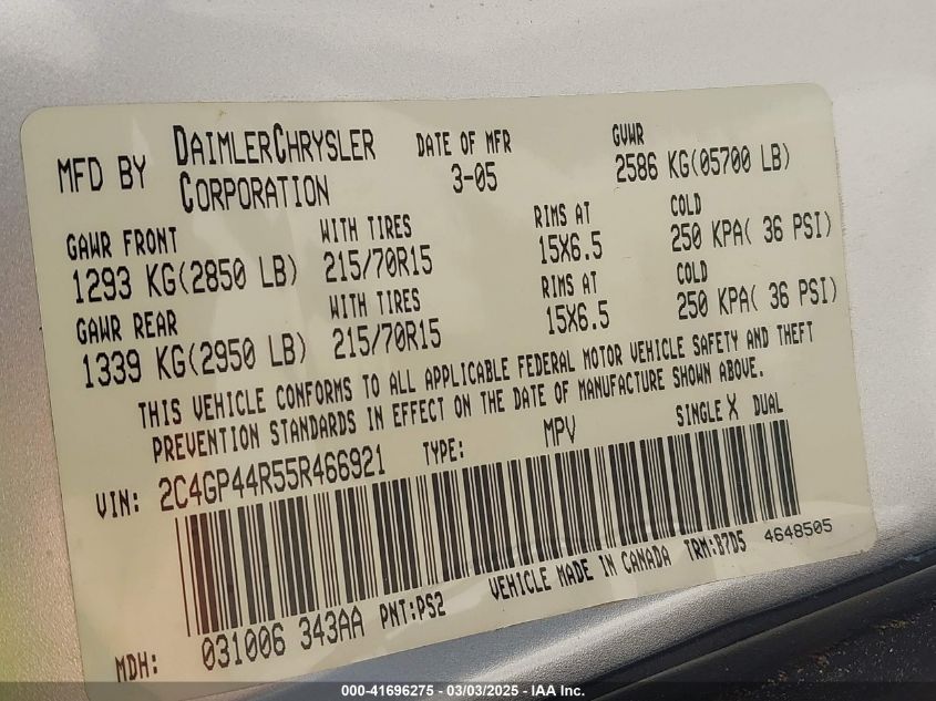 2005 Chrysler Town & Country Lx VIN: 2C4GP44R55R466921 Lot: 41696275
