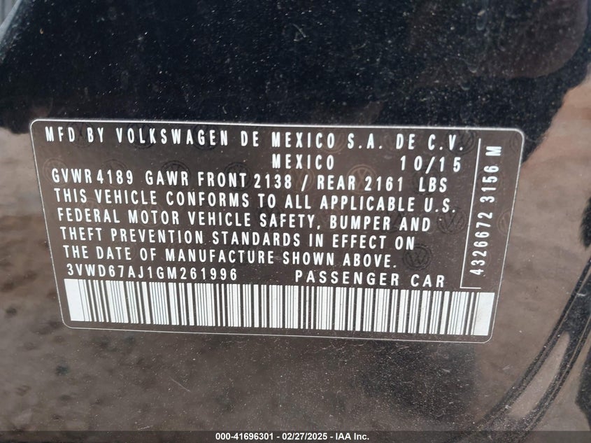 2016 VOLKSWAGEN JETTA VIN: 3VWD67AJ1GM261996
