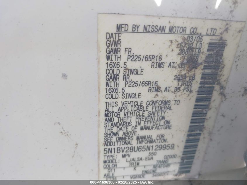 2005 Nissan Quest 3.5 S VIN: 5N1BV28U65N129959 Lot: 41696308