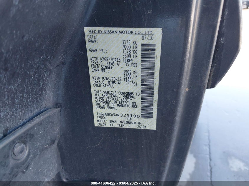 2010 NISSAN TITAN VIN: 1N6BA0CA5AN325190
