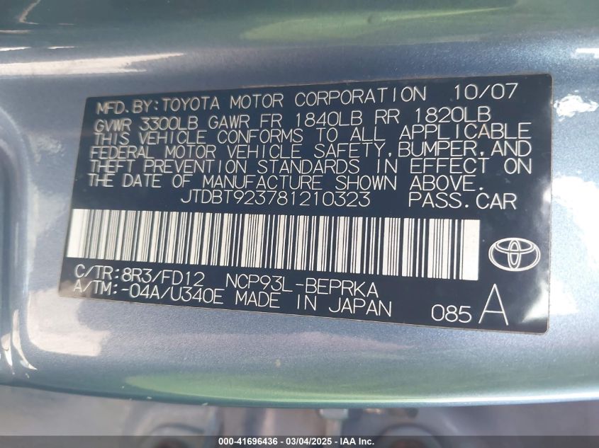 2008 Toyota Yaris VIN: JTDBT923781210323 Lot: 41696436