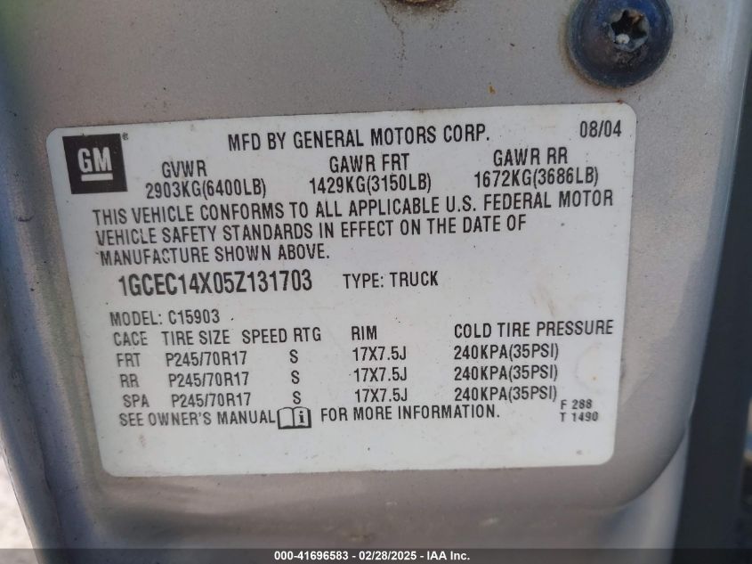 2005 Chevrolet Silverado 1500 Work Truck VIN: 1GCEC14X05Z131703 Lot: 41696583