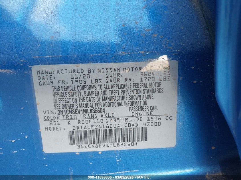 2021 NISSAN VERSA VIN: 3N1CN8EV1ML835604