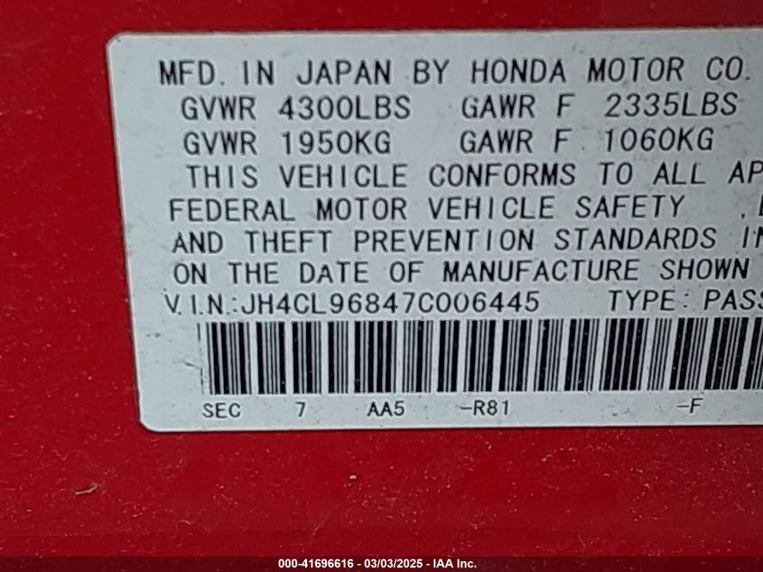 2007 Acura Tsx VIN: JH4CL96847C006445 Lot: 41696616