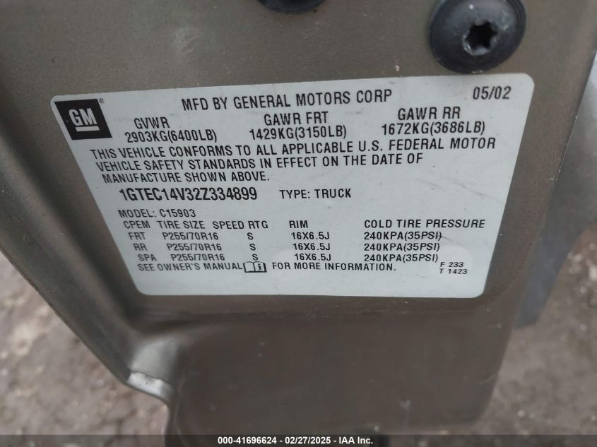 2002 GMC Sierra 1500 Sle VIN: 1GTEC14V32Z334899 Lot: 41696624