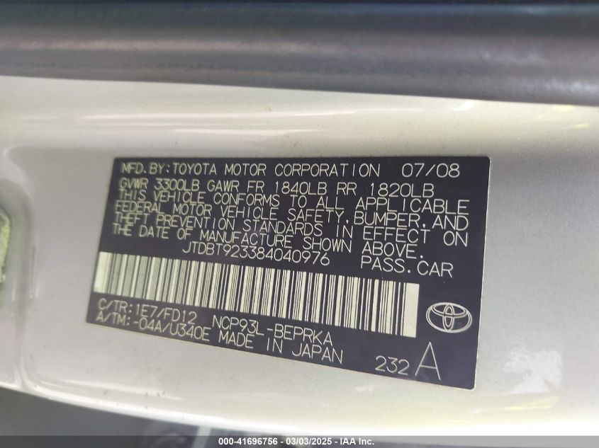 2008 Toyota Yaris VIN: JTDBT923384040976 Lot: 41696756