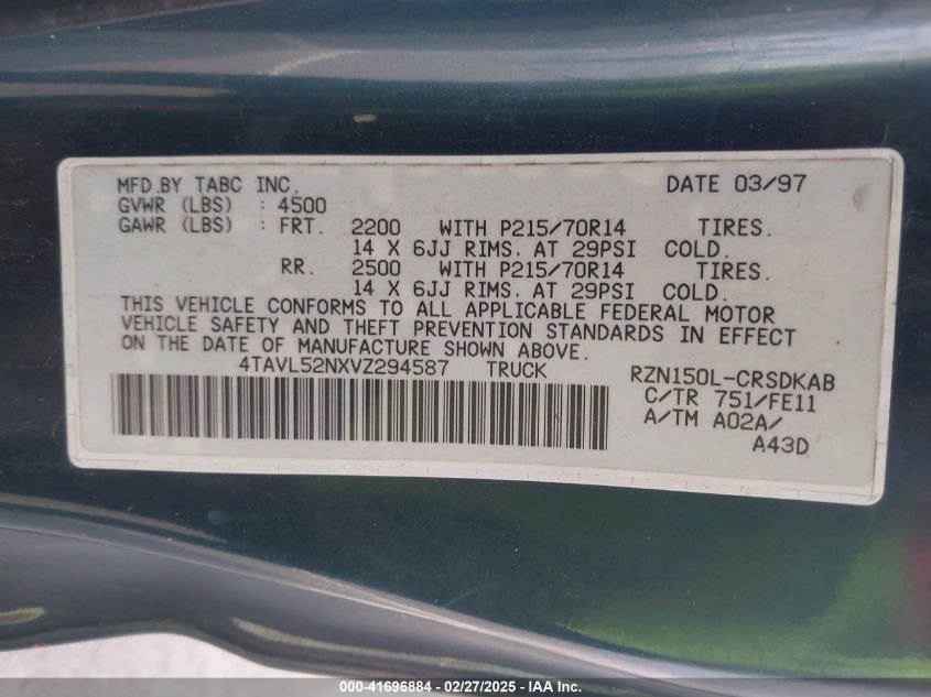 1997 Toyota Tacoma VIN: 4TAVL52NXVZ294587 Lot: 41696884