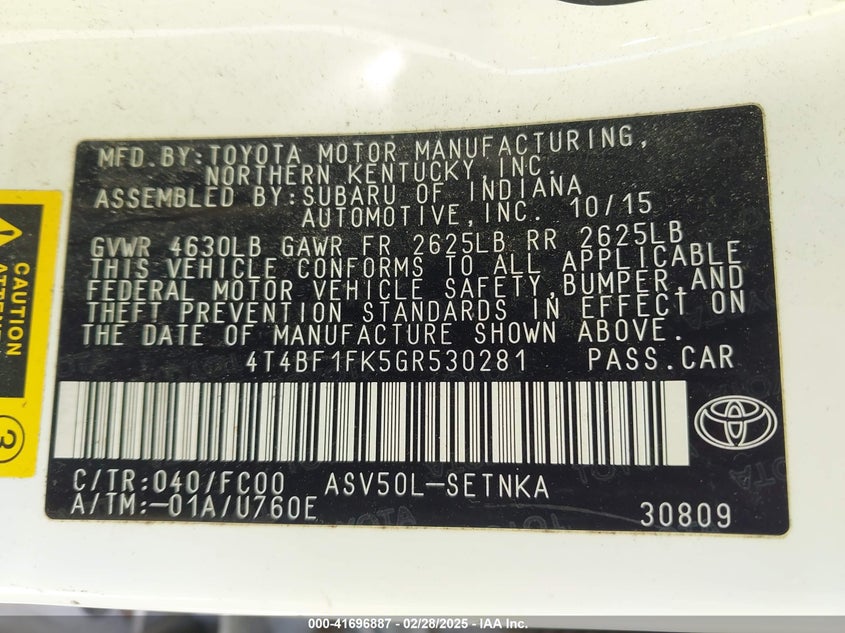 2016 TOYOTA CAMRY VIN: 4T4BF1FK5GR530281