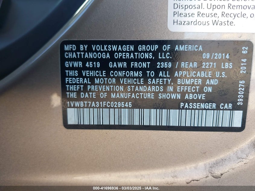 2015 VOLKSWAGEN PASSAT VIN: 1VWBT7A31FC029545