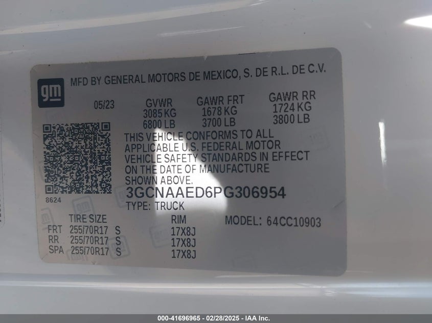 2023 CHEVROLET SILVERADO 1500 5.3L V-8 DI, VVT, 35(VIN: 3GCNAAED6PG306954
