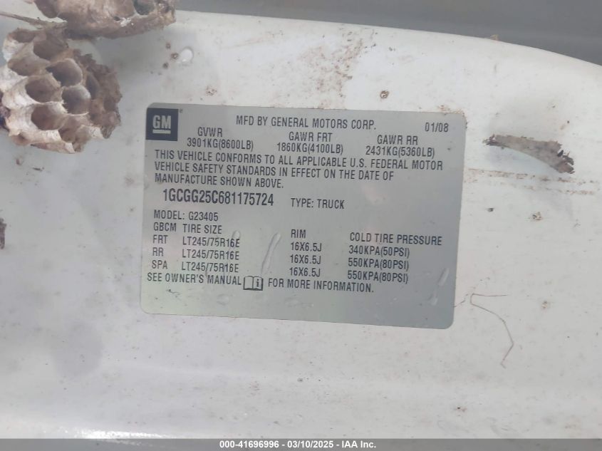 2008 Chevrolet Express Work Van VIN: 1GCGG25C681175724 Lot: 41696996