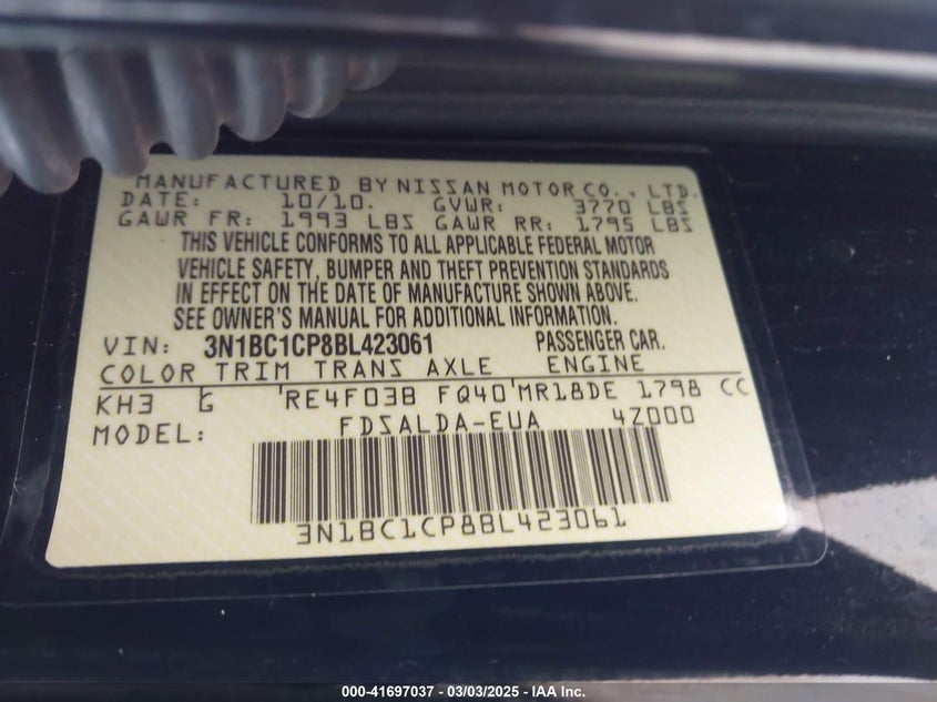 2011 NISSAN VERSA VIN: 3N1BC1CP8BL423061