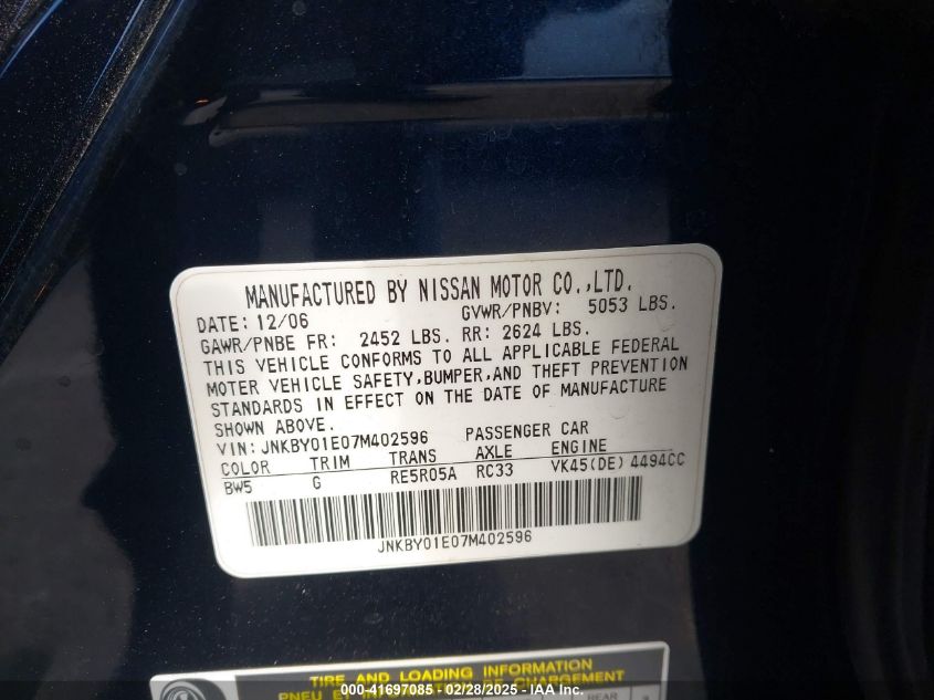 2007 Infiniti M45 Sport VIN: JNKBY01E07M402596 Lot: 41697085