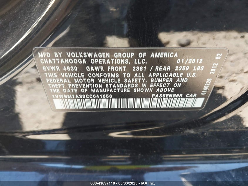 2012 VOLKSWAGEN PASSAT VIN: 1VWBM7A33CC041656