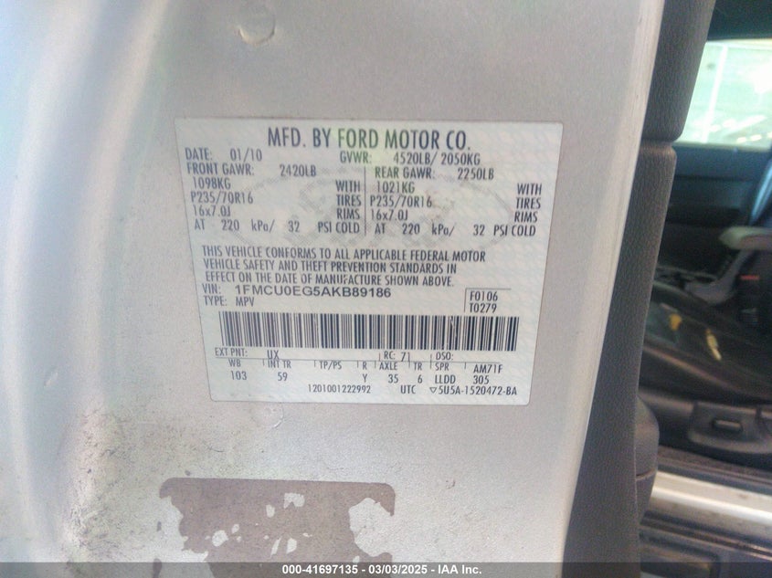 2010 FORD ESCAPE VIN: 1FMCU0EG5AKB89186
