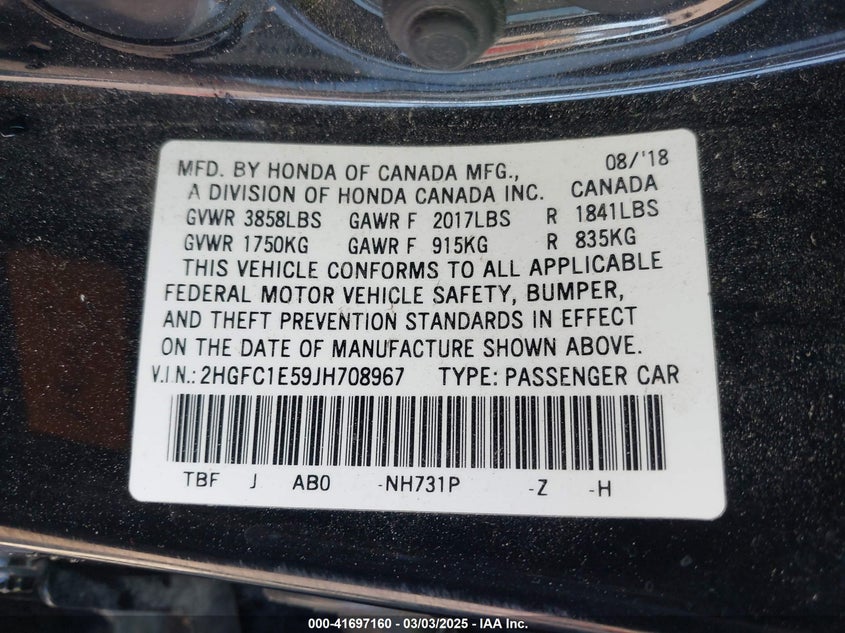 2018 HONDA CIVIC VIN: 2HGFC1E59JH708967