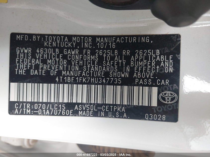 2017 TOYOTA CAMRY VIN: 4T1BF1FK7HU347735